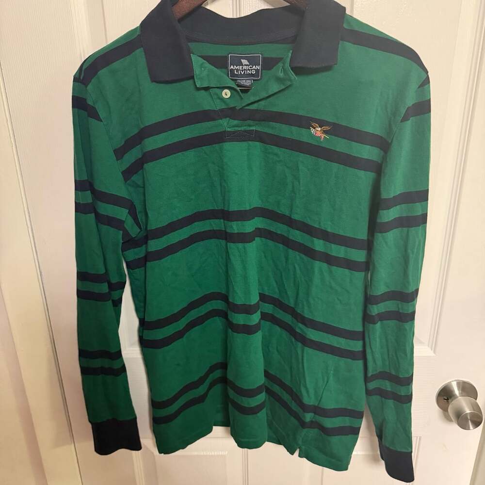 American Living Green and Navy Striped Long Sleeve Rugby Polo Shirt XL 18-20